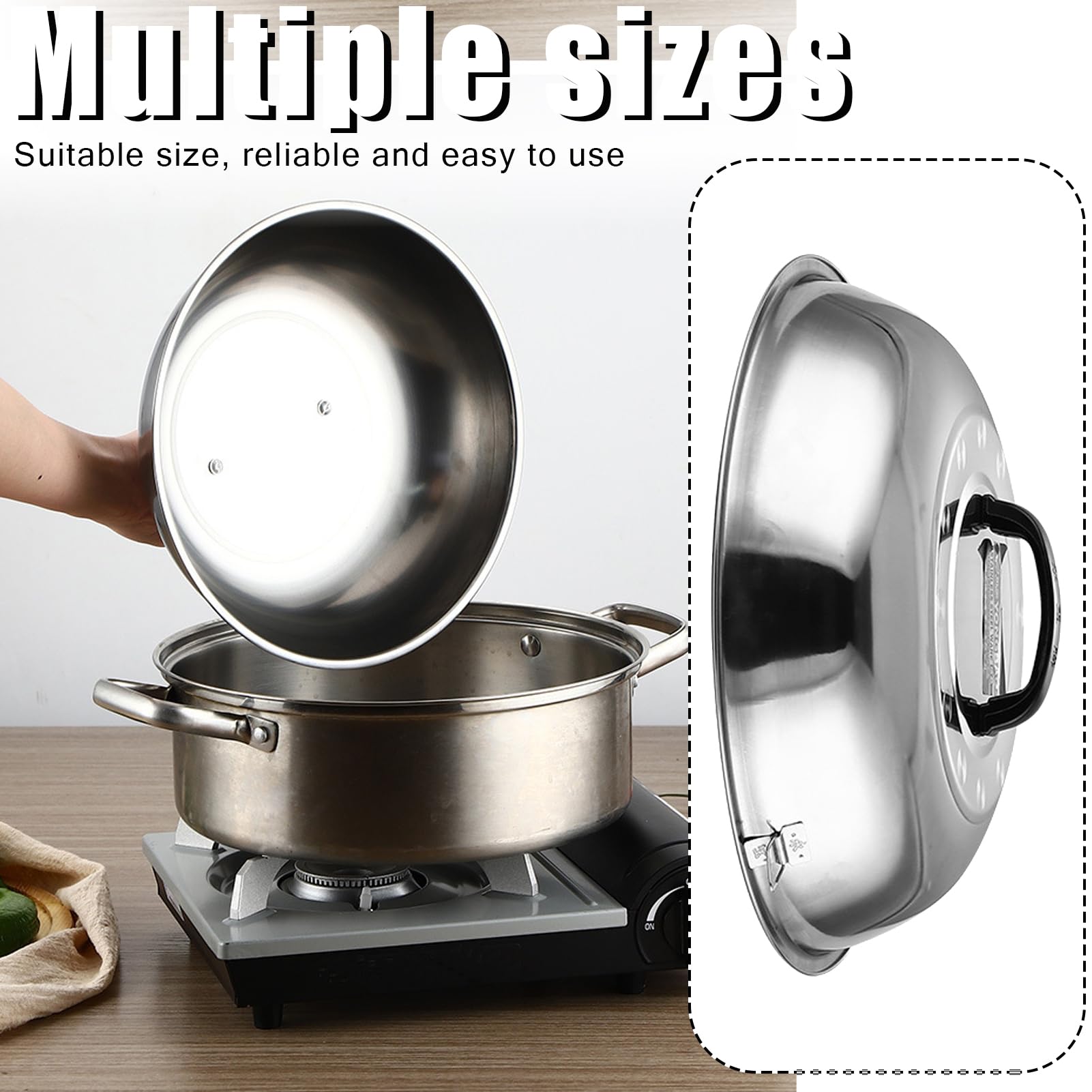 Couvercle de wok rond multifonctionnel en acier inoxydable avec poignée Couvercle Teppanyaki pour la friture, la cuisson à la vapeur et les grillades à la maison 36 cm
