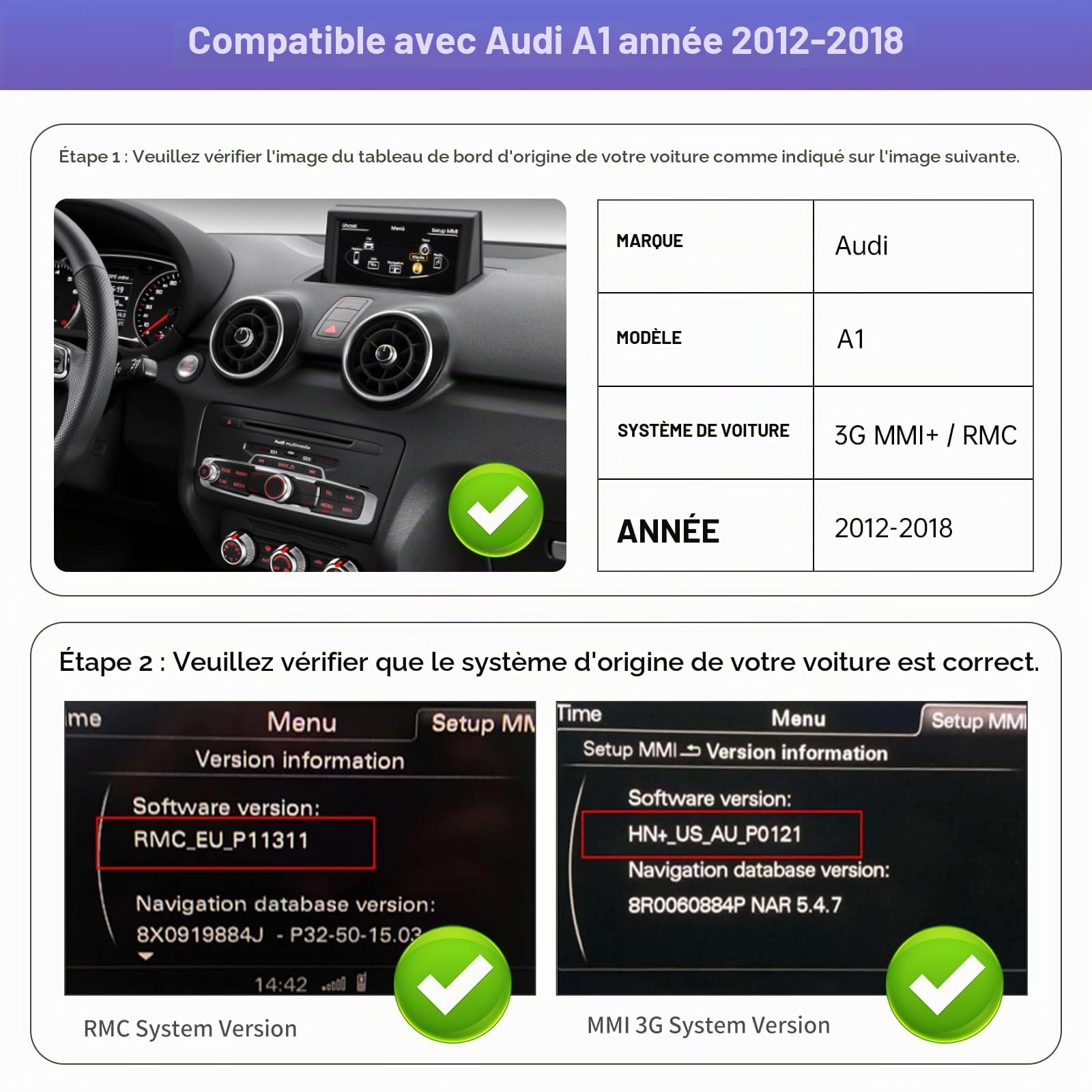Road Top 12,3" Écran CarPlay Ultra-Fin pour Audi A1 2012-2018 Année