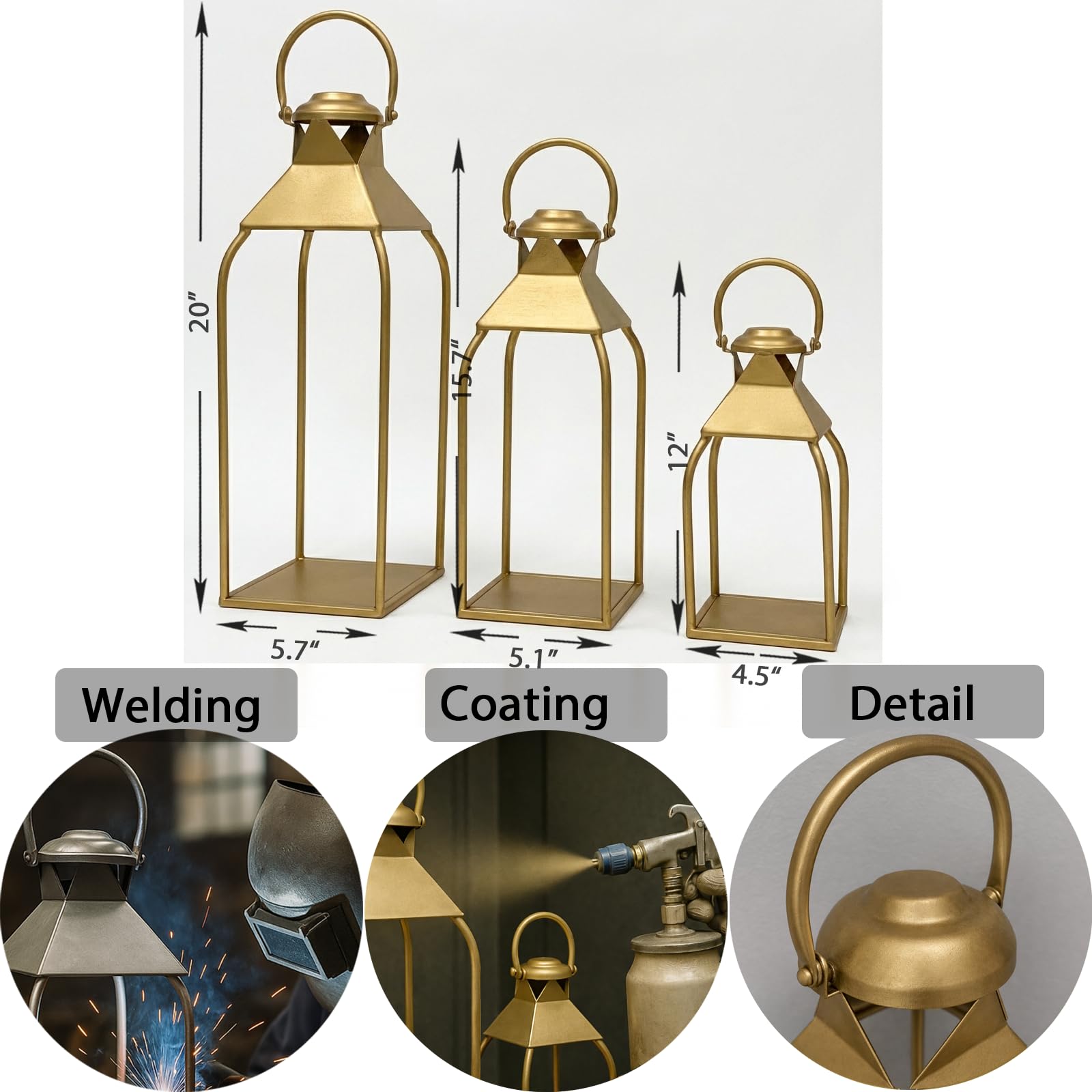 Faroles decorativos de metal para interiores y exteriores, portavelas para porche, patio, chimenea, suelo, boda, Navidad, otoño, vacaciones, centro de mesa de granja (oro antiguo, juego de 3 unidades