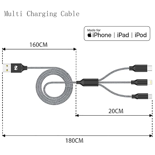 Miniatura 3 de Cable de Carga Múltiple de 6 pies, Paquete de 2, Cable Cargador 3 en 1, Cable Trenzado de Nylon de Carga Rápida Múltiple, Cable de Carga USB, Cable