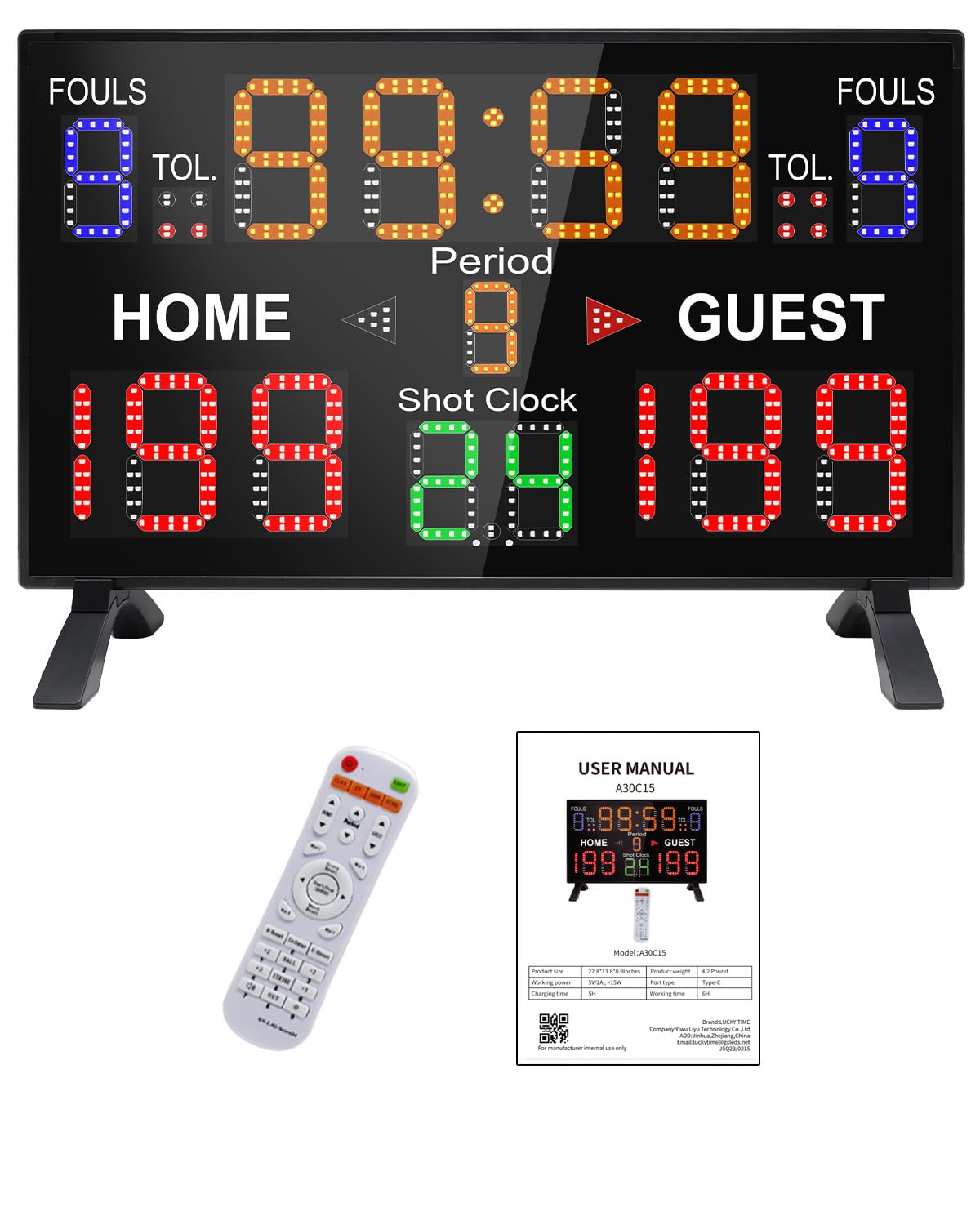 LUCKY TIME Basketball Scoreboard with Shot Clock, 12/14/24/30/25/60 Seconds, Upgraded Thickening Digital Scoreboard with Remote, Battery Powered