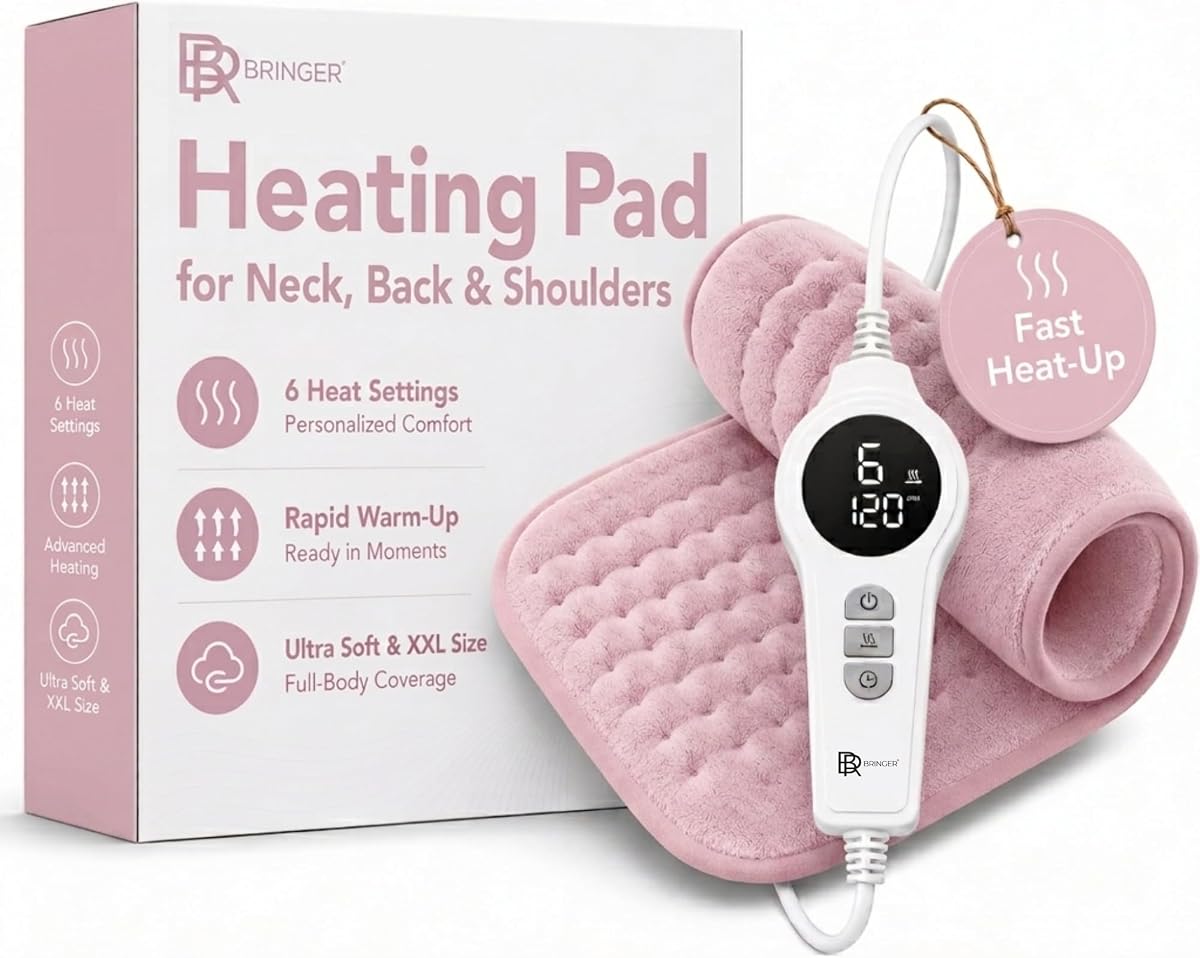 Heating Pad for Back, Shoulders and Neck, Pink, 23.6 x 11.8 in | 6 heat settings with auto-off and overheat protection - LED display and soft machine-washable fabric for cozy daily warmth