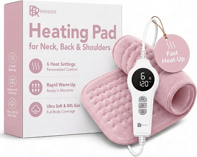 Heating Pad for Back, Shoulders and Neck, Pink, 23.6 x 11.8 in | 6 heat settings with auto-off and overheat protection - LED display and soft machine-washable fabric for cozy daily warmth