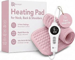 Heating Pad for Back, Shoulders and Neck, Pink, 23.6 x 11.8 in | 6 heat settings with auto-off and overheat protection - LED display and soft machine-washable fabric for cozy daily warmth