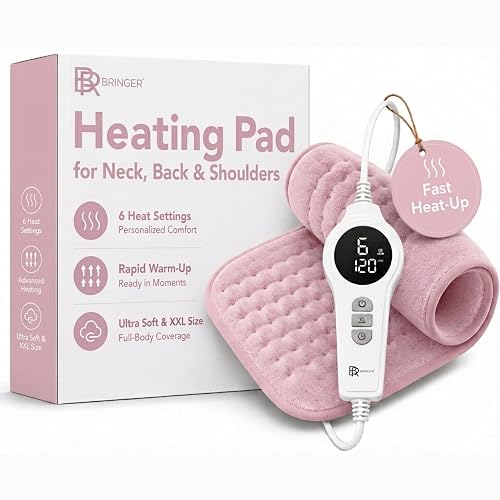 BR Bringer Infrared Electric Heating Pad - for Back Pain & Cramps - Auto-Off, 6 Heat Settings, Overheat Protection, LED Display & Machine Wash Fabric - German Quality Brand (Pink, 23.6 x 11.8 inch)