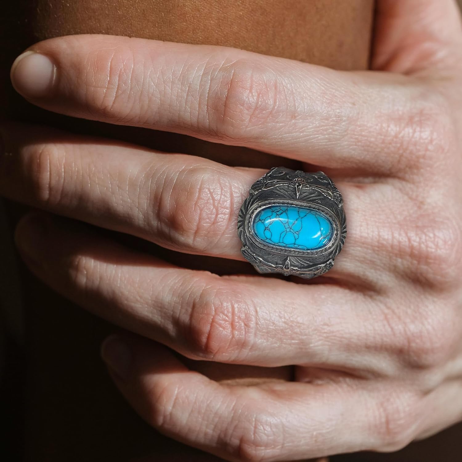 Retro Turquoise Ring for Men Stainless Steel Oval Biker Ring Jewelry for Men,Size7-15 - Image 3