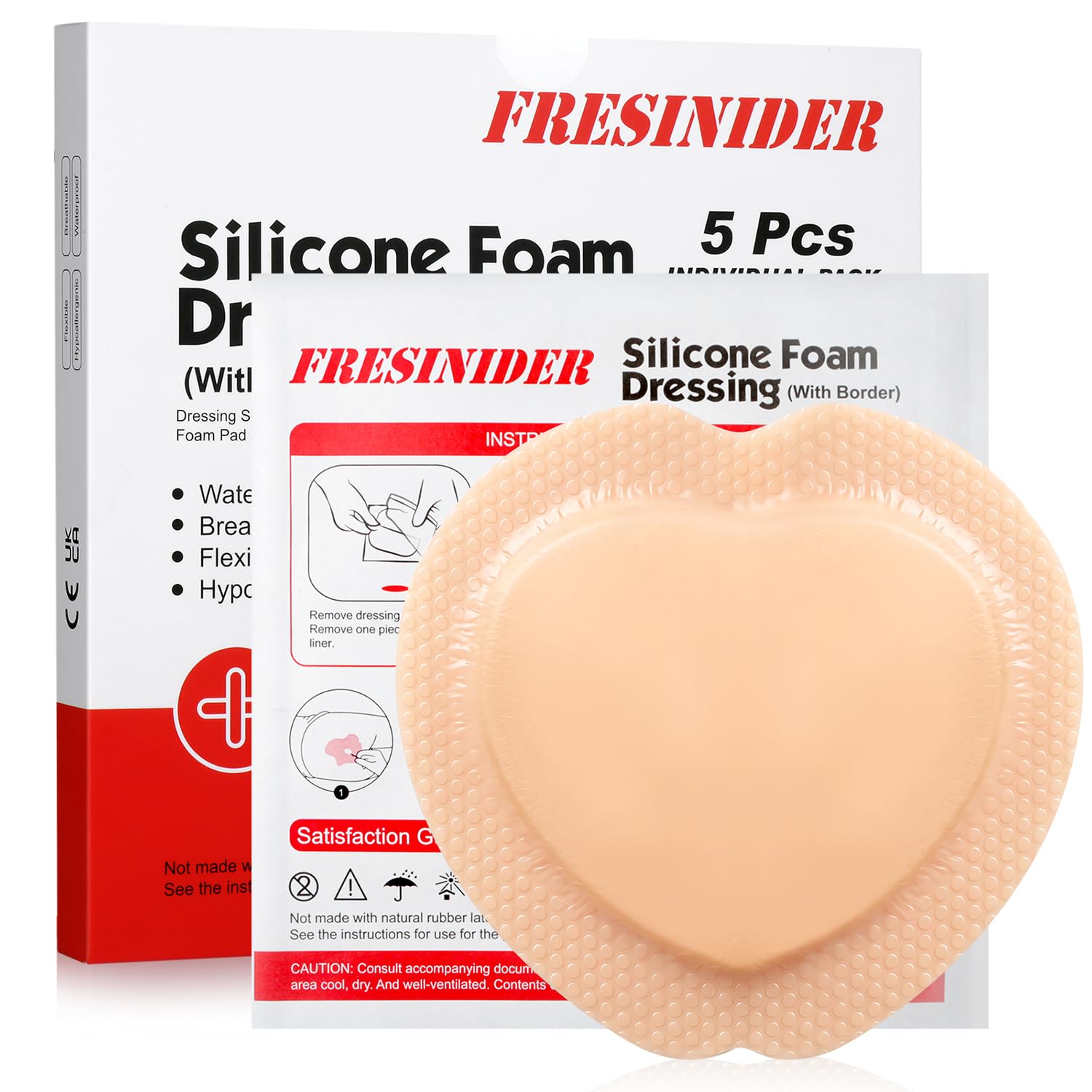 FRESINIDER 7"x7" (Pack of 5) Wound Silicone Sacral Foam Dressing - Sacrum Foam Adhesive with Border - Waterproof Absorbent Breathable Bed Sore Pressure Pads