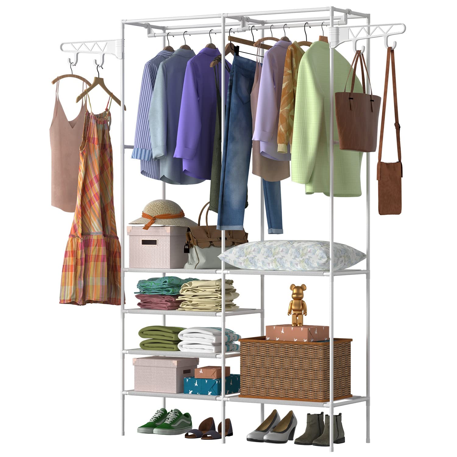 Moclever Garment Racks For Hanging Clothes, Freestanding Closet Wardrobe 66x42x14in, Clothing Shoe Organizer With 6 Shelves For Bedroom