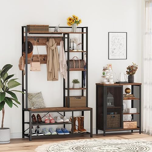 BON AUGURE Aparador industrial para cocina con perchero con banco de almacenamiento de zapatos con estantes reversibles para vestíbulo (roble