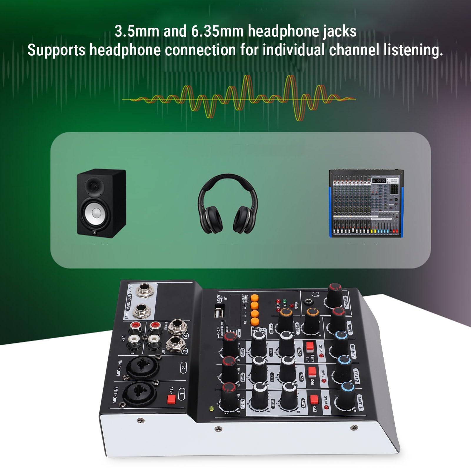 Fockety Mikser Dźwięku, USB MP3 Audio Mixer Płyta Dźwiękowa Konsola Miksująca 4-kanałowy 48V Power Stereo DJ Mixer Board do Nagrywania Komputerowego Studio Karaoke Transmisja na żywo