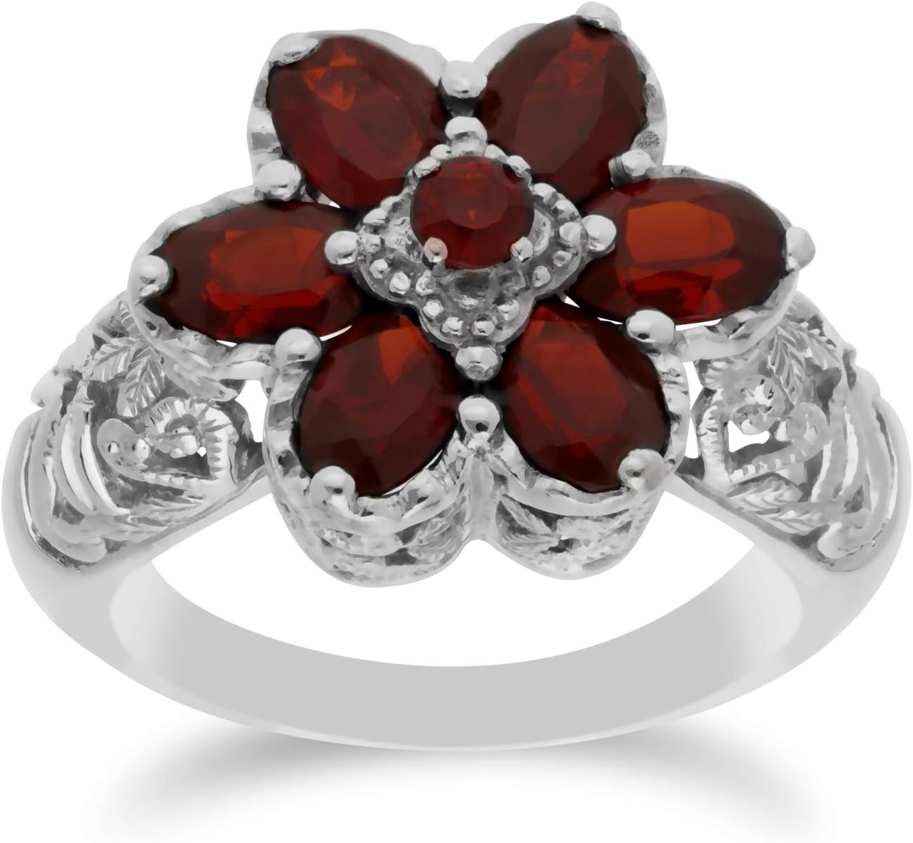 925 Sterling Silver Garnet Flower Ring