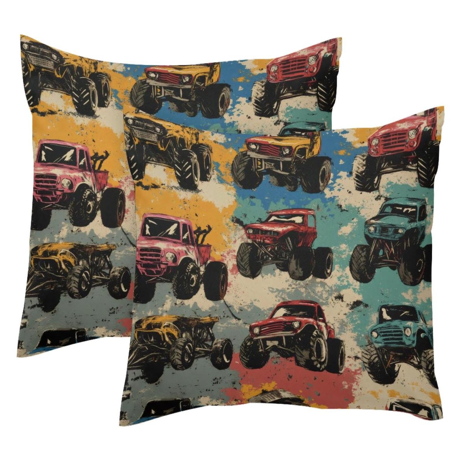 Housses de coussin velours 50x50 cm taie oreiller motif camion monstre grunge déco lit enfant