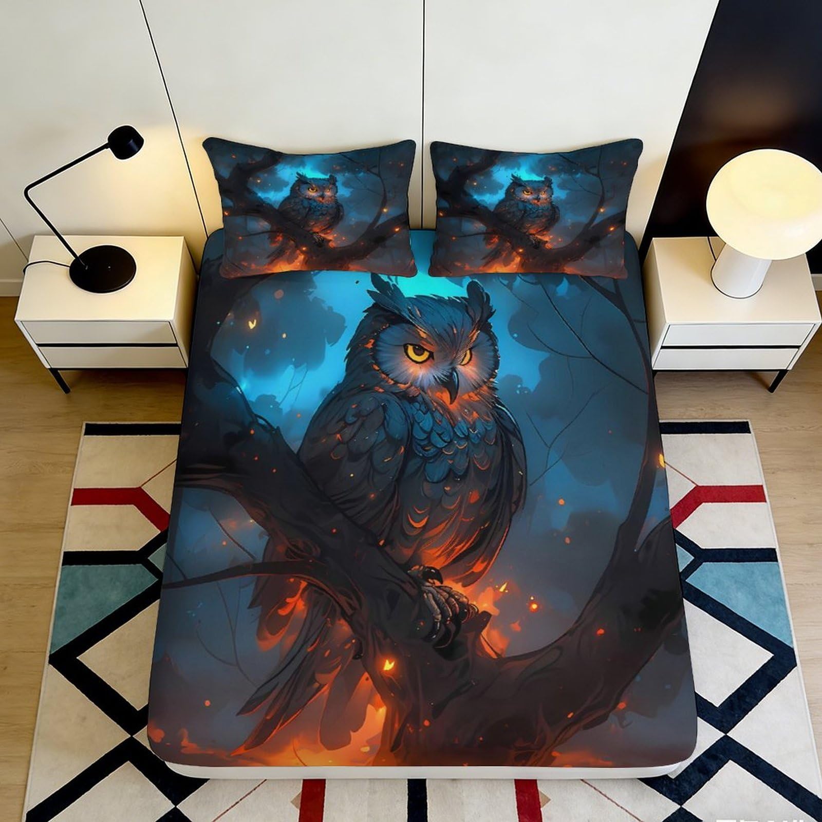 3D Printed Fiery Owl Fitted Sheet Microfiber Soft Blue Orange Forest Bed Cover for Bedroom Dorm Mattress Decor 90x200x25cm