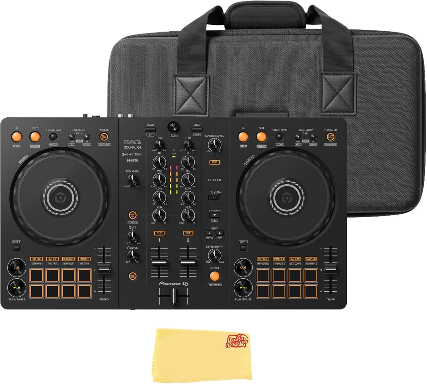 Pioneer DJ DDJ-FLX4 2-Channel DJ Controller – Black Bundle with Carrying Case and Austin Bazaar Polishing Cloth