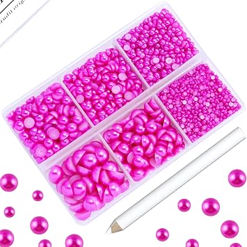 3600PCS Half Pearls for Crafts, Hot Pink/Rose Flatback for Tumblers Nails. Mixed Sizes 2mm 3mm 4mm 5mm 6mm 8mm Round Half for Crocs Shoes Wedding, Imitation Loose Gems