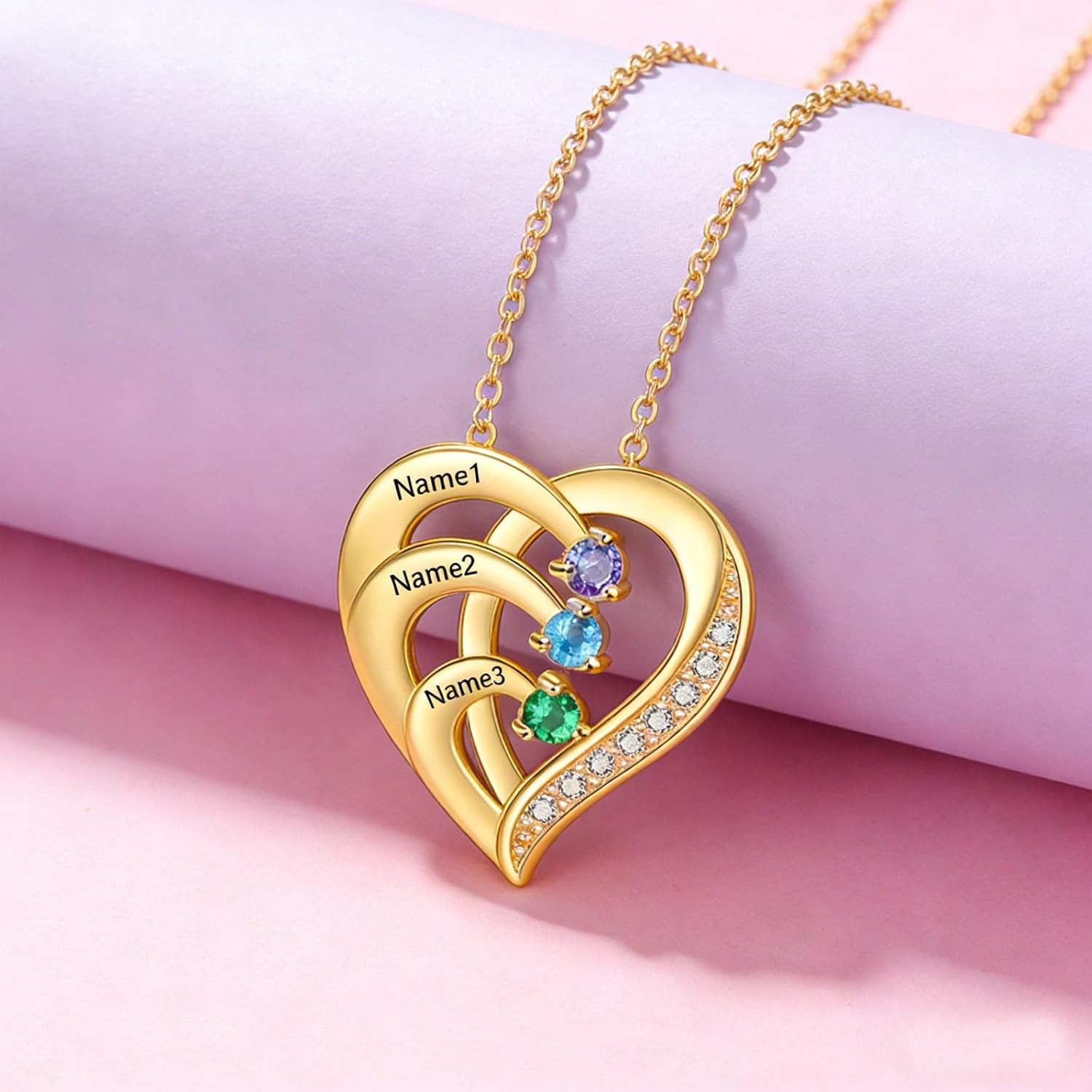 10K/14K/18K Gold Personalized Mom Necklace with 1-4 Birthstones Custom Name Heart Necklace Engraved Names for Mom Wife