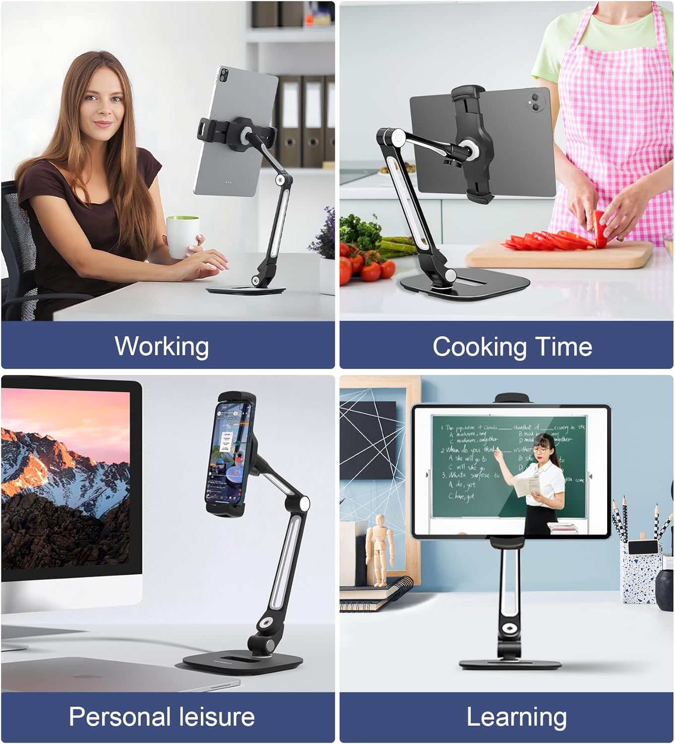 NLIEOPDA Tablet Stand Universal Holder for 4.9" - 12.9" Devices, 360° Rotating Security Stand for iPad, iPad Air, Samsung, Height Adjustable Foldable Table Top(Black)