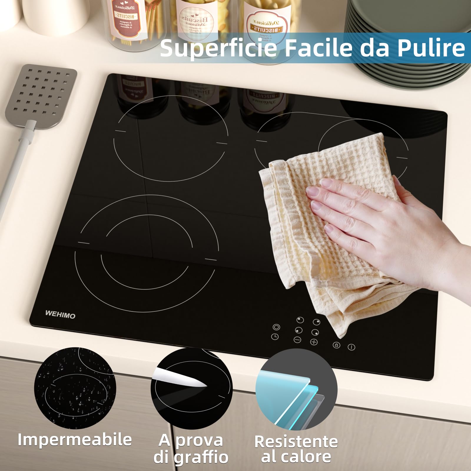 Piano cottura in Vetroceramica 4 Fuochi, WEHIMO Piano Cottura Elettrico 59cm, 7200W, 4 Zone di Cottura, Controllo Tocco, Timer, 9 Livelli di Riscaldamento