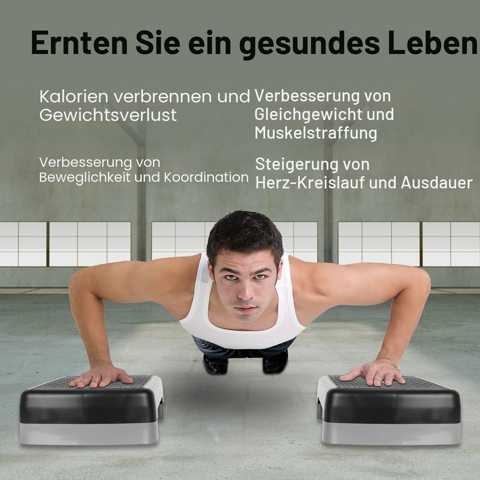 Höhenverstellbarer Aerobic-Stepper für Fitness und Training, 2 Stufen, mit 2 Erhöhungen, verstellbar von 10 cm – 15 cm (grau)
