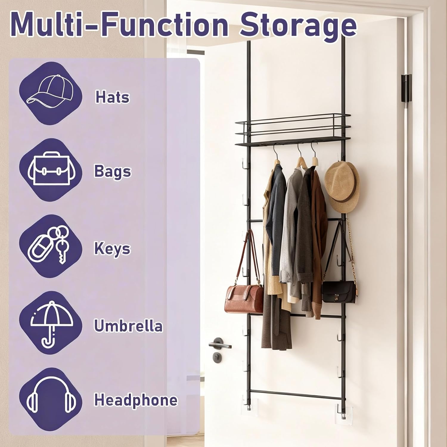 Over The Door Purse Organizer for Closet, Wall Mounted Hat Organizer with 16 Hook and Metal Basket Can Use As 1/2 Part for Door(White)