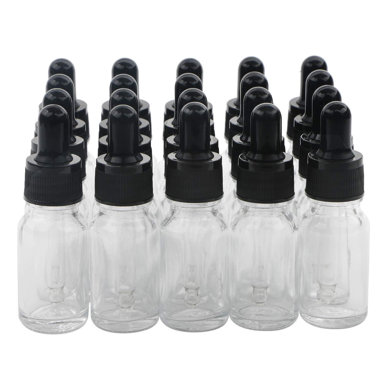 KesellGlass Bottles for Essential Oils - 10ml Refillable Empty Transparent/ Clear Bottle with Glass Dropper and Black Cap, Pack of 20
