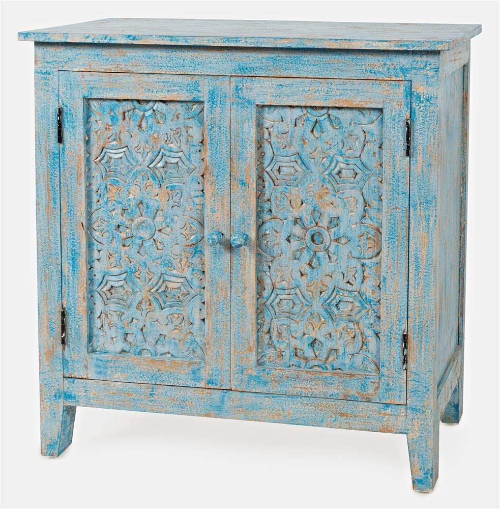 Jofran Global Archive  Hand   Carved  Accent Chest Cabinet, 32', Weathered Blue
