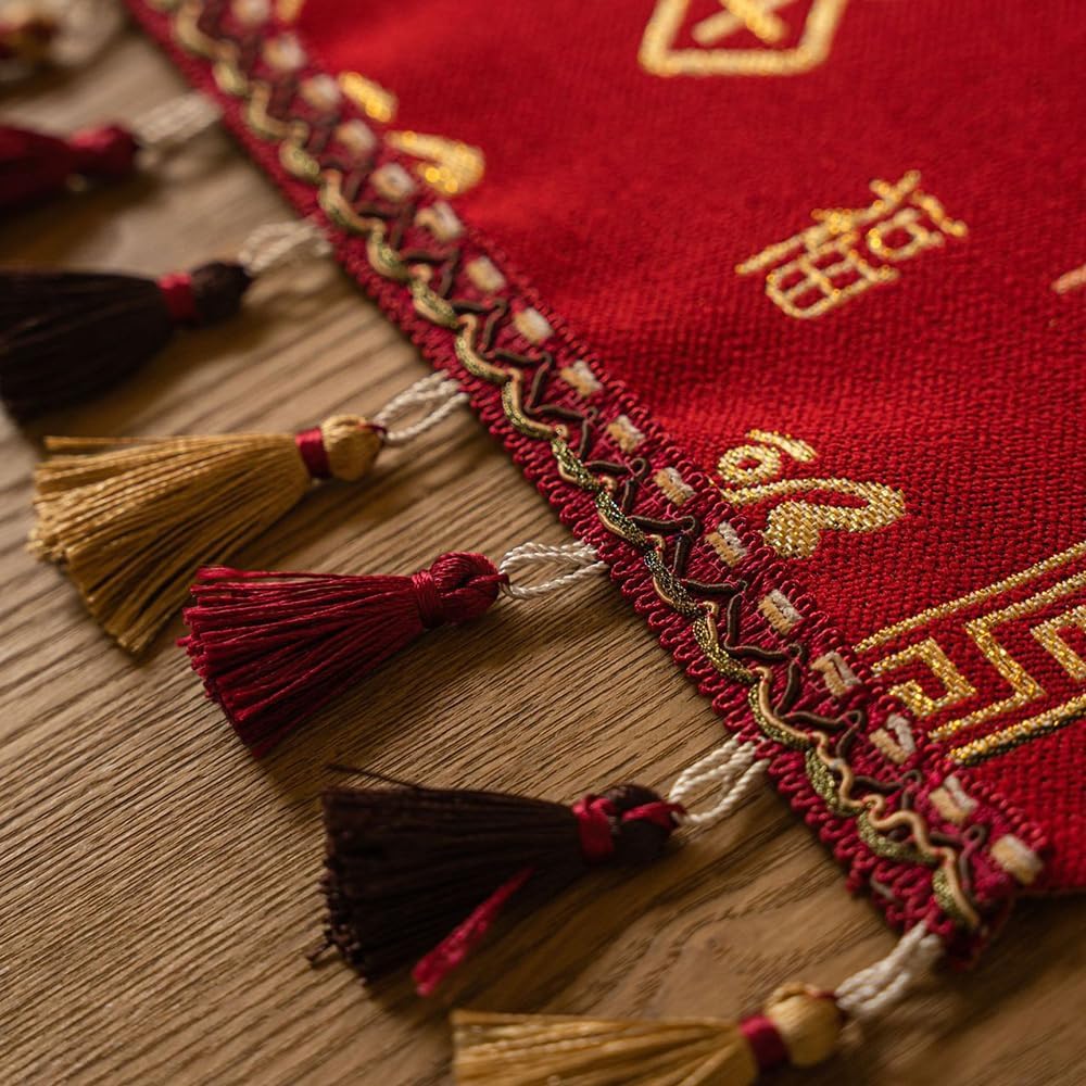 Chinese Red Jacquard Table Runner with Fu Character Festive Tassel Table Cloth Bed Scarf for Lunar New Year Wedding Party Decor (Red, 13 "x106 )