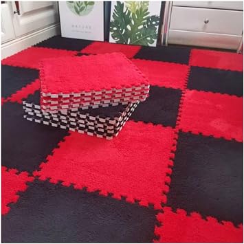 Soft Plush Puzzle Play Mats,Foam Interlocking Floor Mats,Plush Area Rug Fluffy Carpet Tiles,Foam Flooring for Bedroom/Play Room,10pcs,12x12inchColorRed + Black