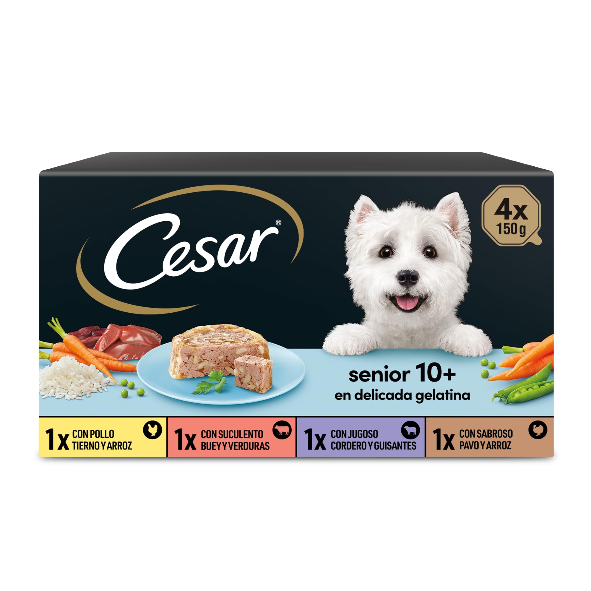 Cesar Tarrinas de Comida Húmeda para Perros Senior, Selección Carnes Mixtas, 4 x 150g