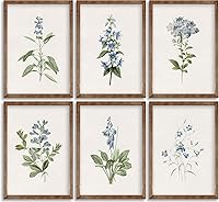 6Pcs Vintage Blue Wildflower Wall Art Prints - Unframed Minimalist Greenery Flower Bouquet Posters for Living Room Bedroom Decor