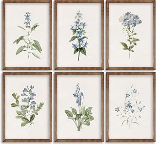 6Pcs Vintage Blue Wildflower Wall Art Prints - Unframed Minimalist Greenery Flower Bouquet Posters for Living Room Bedroom Decor