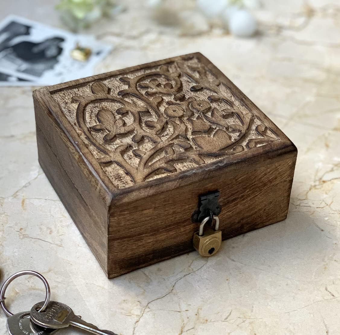 Birthday Gift Handmade Decorative Wooden Jewelry Keepsake Box Owl Carving Jewelry Organizer Treasure Chest Trinket Holder Watch Storage Lock Box 12 x 12 cms Housewarming Gift Ideas Men Women - Image 3