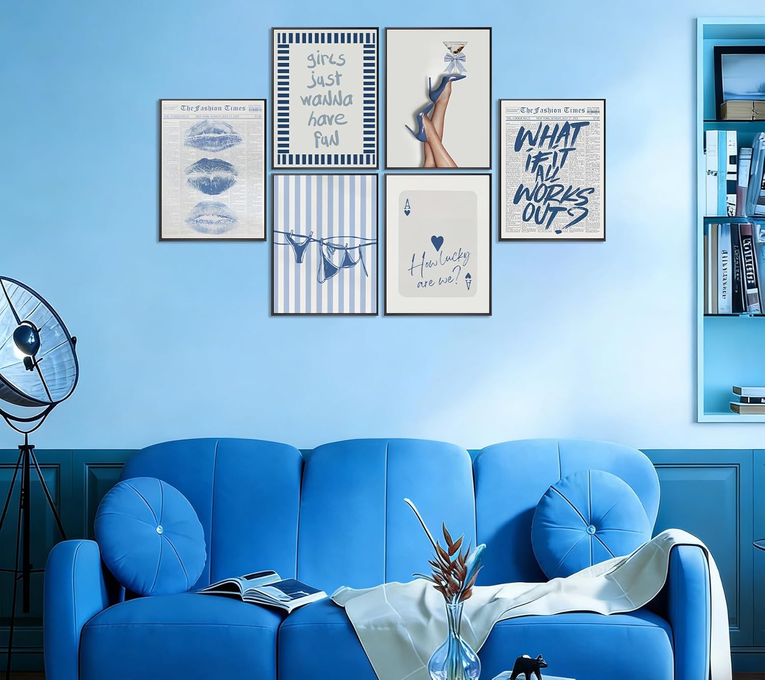 6Pcs Trendy blue Wall Art Vintage Newspaper Posters How Lucky Are We and Just a Girl Pictures Coastal Bikini Hot Girl Lips Wall Decor Prints Preppy Y2K Aesthetic Painting for Girly Room Dorm 12x16in
