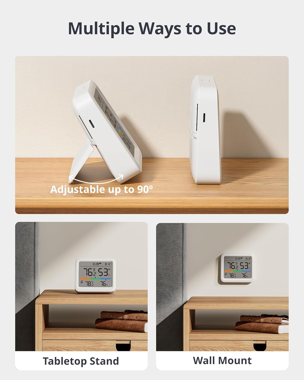 SwitchBot Meter Pro on tabletop stand and wall mounted