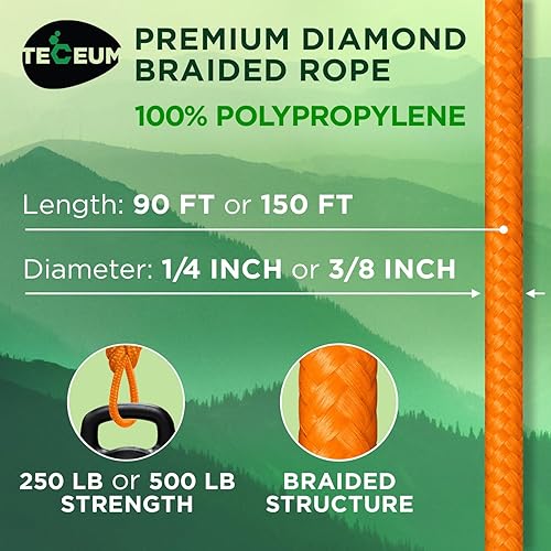 Vista 23 de TECEUM Cuerda – 90 pies x 1/4 pulgadas (0.276 in) – Verde militar – Cuerda fuerte multiusos – Camping, manualidades, asta de bandera