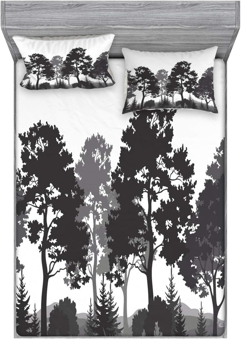 Ambesonne Black and White Fitted Sheet & Pillow Sham Set, Summer Forest with Pine and Fir Trees Grass Bush Silhouettes, Decorative Printed 3 Piece Bedding Decor Set, Queen, Grey White Charcoal Grey