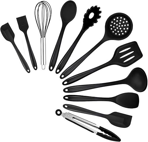 TeamFar Utensilios de cocina de cocina, 11 piezas de utensilios de cocina de silicona negra, juego de espátulas resistentes al calor para utensilios