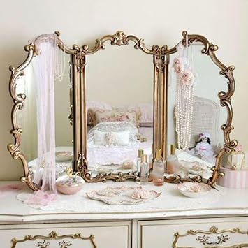 3 Way Mirror Bathroom, Trifold Vanity Large Arch Mirrors Decorative Vintage Gold for Braiding Hair, Tabletop & Wall Mounted100x80cm