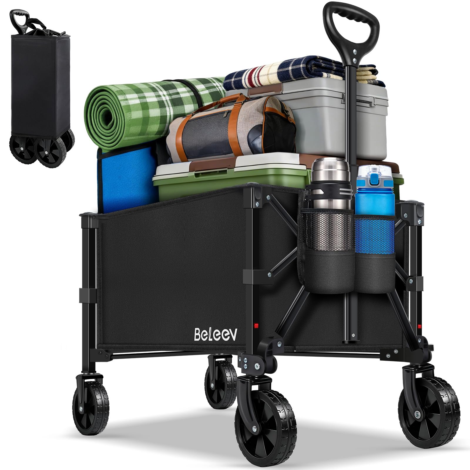 BELEEV Bollerwagen Faltbar mit Getränkehalter 90L Bis 100KG, Faltbarer Bollerwagen Kinder, Gartenkarre, Einkaufswagen, Camping, Einkaufen Festival, Robust Langlebig für Alle Gelände Draussen -90L
