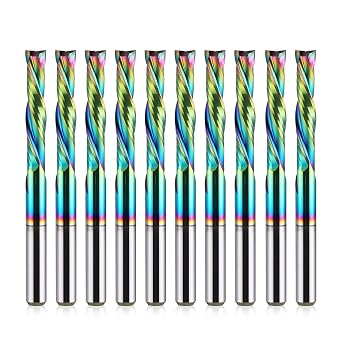 Woodwork Milling Cutter ,DLC Coating ,UP & Down Cut 2 Flutes Spiral Carbide Milling Tool CNC Router Compression Wood End Mill Cutter Bits,1/8Inch Shank ,1/8Inch Cutting Dia ,17mm CEL Pack of 10