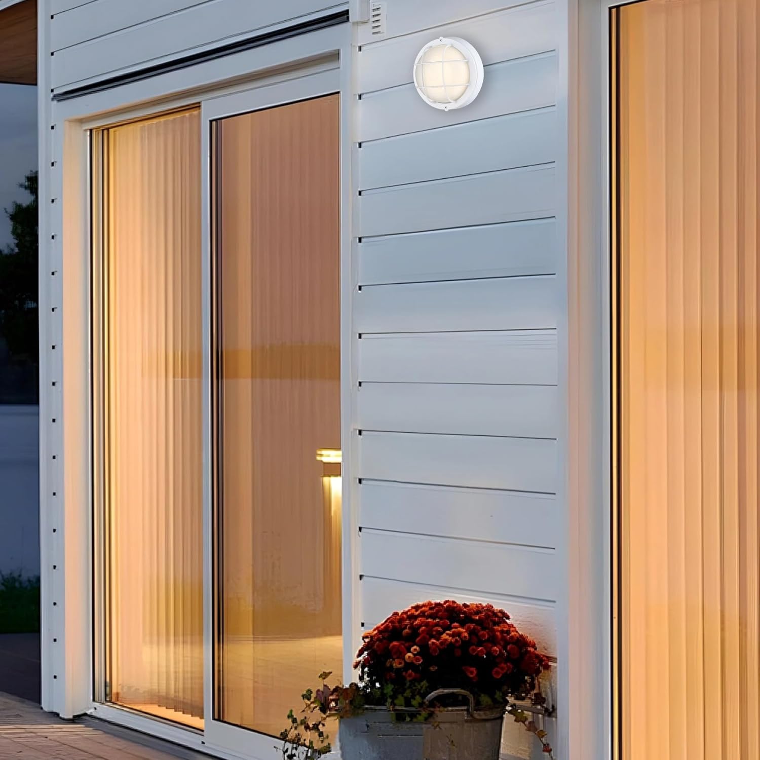 Round Bulkhead Light Fixture, Dimmable Outdoor Wall Lantern, LED Nautical and Sauna Light, 15W 1500 Lumens 3000K, White Aluminum Housing with Frosted Glass, 1-Pack