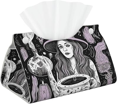 Pu Leather Tissue Box Cover Waterproof Tissue Box Holder Modern Rectangular Tissue Case Magic Witch Witchcraft Bohemian Drawing Paper Holder Decorative Organizer for Car Bathroom Bedroom Office Decor
