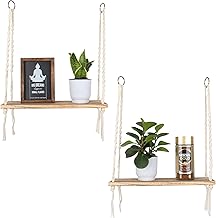 رف معلق بالمكرمية، ديكور حائط بوهو عصري من الواح خشبية وحبل قطني منسوج، مثبت بنمط ريفي لحمل النباتات والكتب وبراويز الصور، لغرفة النوم وغرفة المعيشة وديكور المطبخ، قطعتان، متعدد الألوان