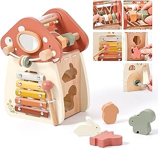 let's make Motor Skills Toy Mushroom Toy Made of Wood, 5 in 1, Montessori Toy for Children, Motor Skills Cube from 1 Year, Baby Educational Toy, Wooden Toy from 1 Year, Activity Centre Baby