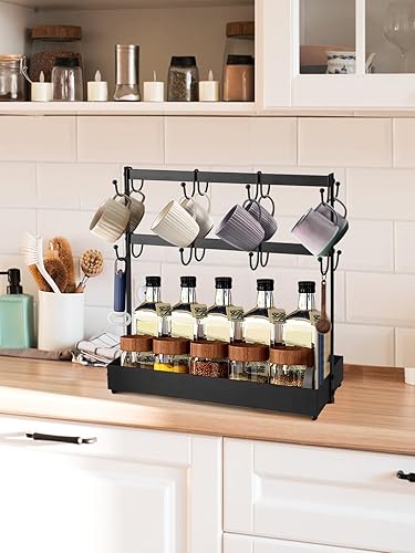 Miniatura 6 de Biggun Soporte para tazas de café con ganchos extraíbles, de metal, de 2 niveles, 16 tazas, organizador de almacenamiento para mostrador, soporte de