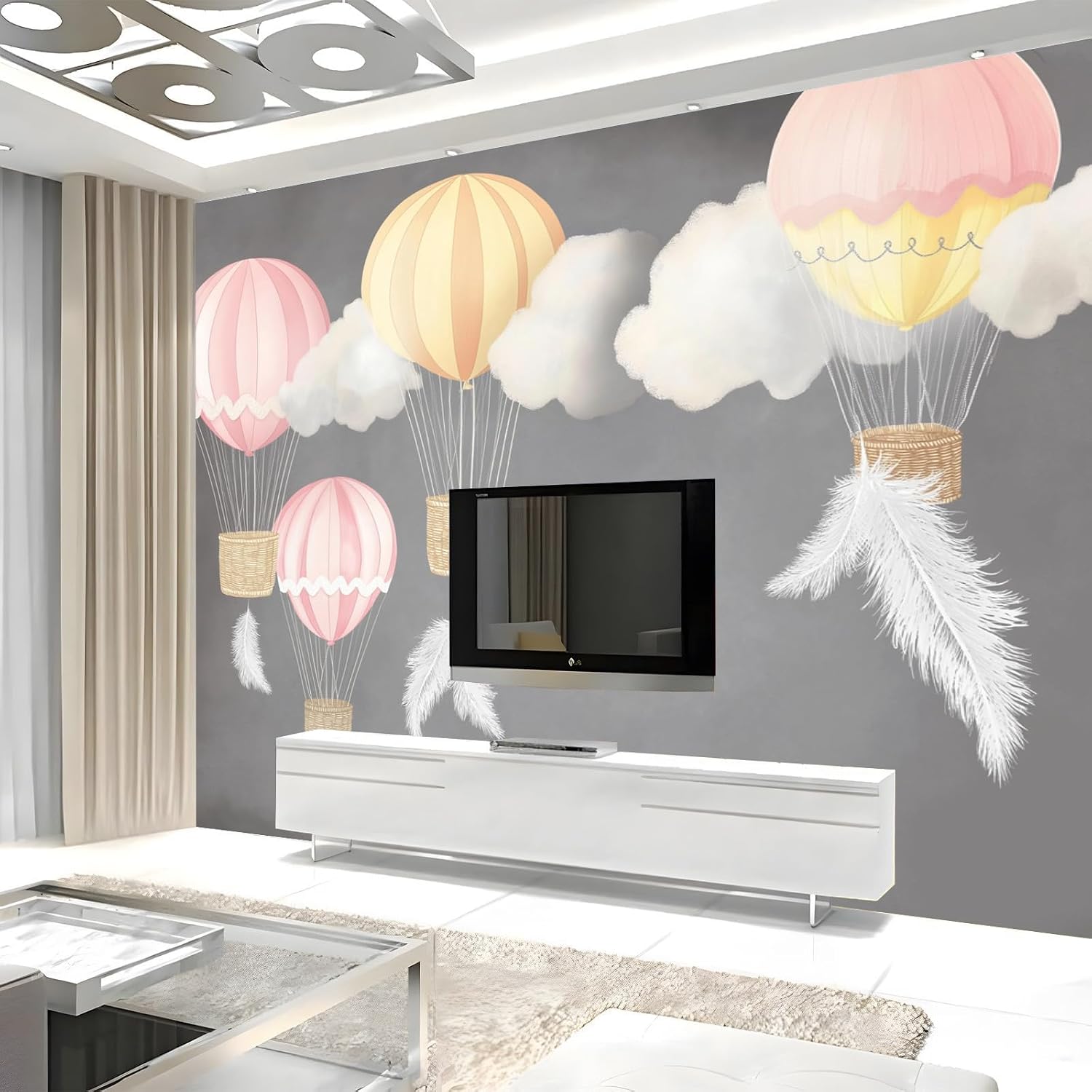 Abstract Feathers Wallpaper Bedroom Cartoon Hot Air Balloon murals Aesthetic Room Decor Living Room tv Background Large Wall Mural,Not Peel and Stick 177×124"