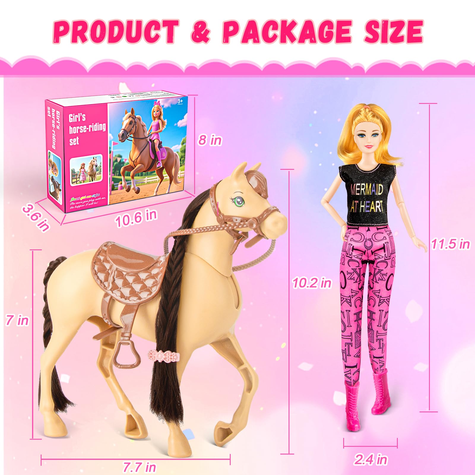 Juego de 60 piezas de caballo de muñeca, muñeca rubia de moda (11.5 pulgadas) en accesorios de muñeca Helemt y caballo marrón claro con cabeza móvil, silla de montar, brida y riendas, para edades de 3 6