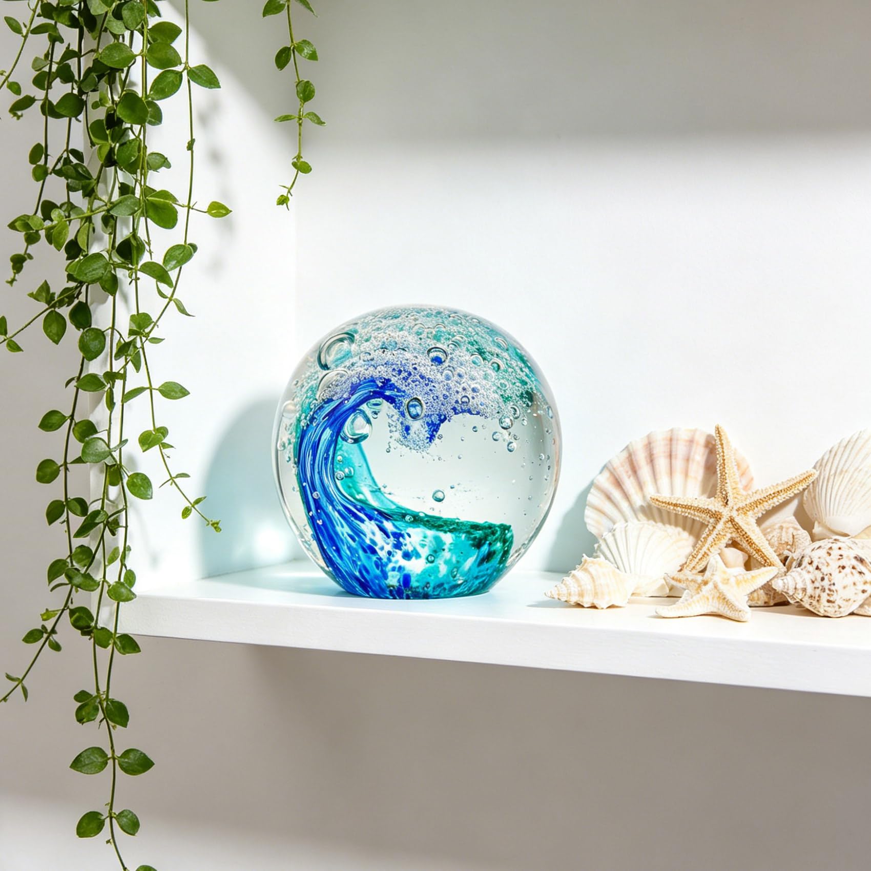 YWHL Hand Blown Ocean Decor Glass Waves Figurines Ball, Ocean Themed Gifts for Women Men, Sea Glass Decoration Collectible Figurines Paperweight for Home Office Decor