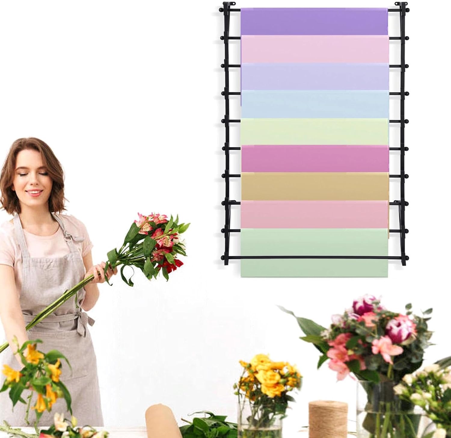for Wall Mounted Display Rack, 10-Layer Wall Wrapping Paper Ribbon Organizer Black