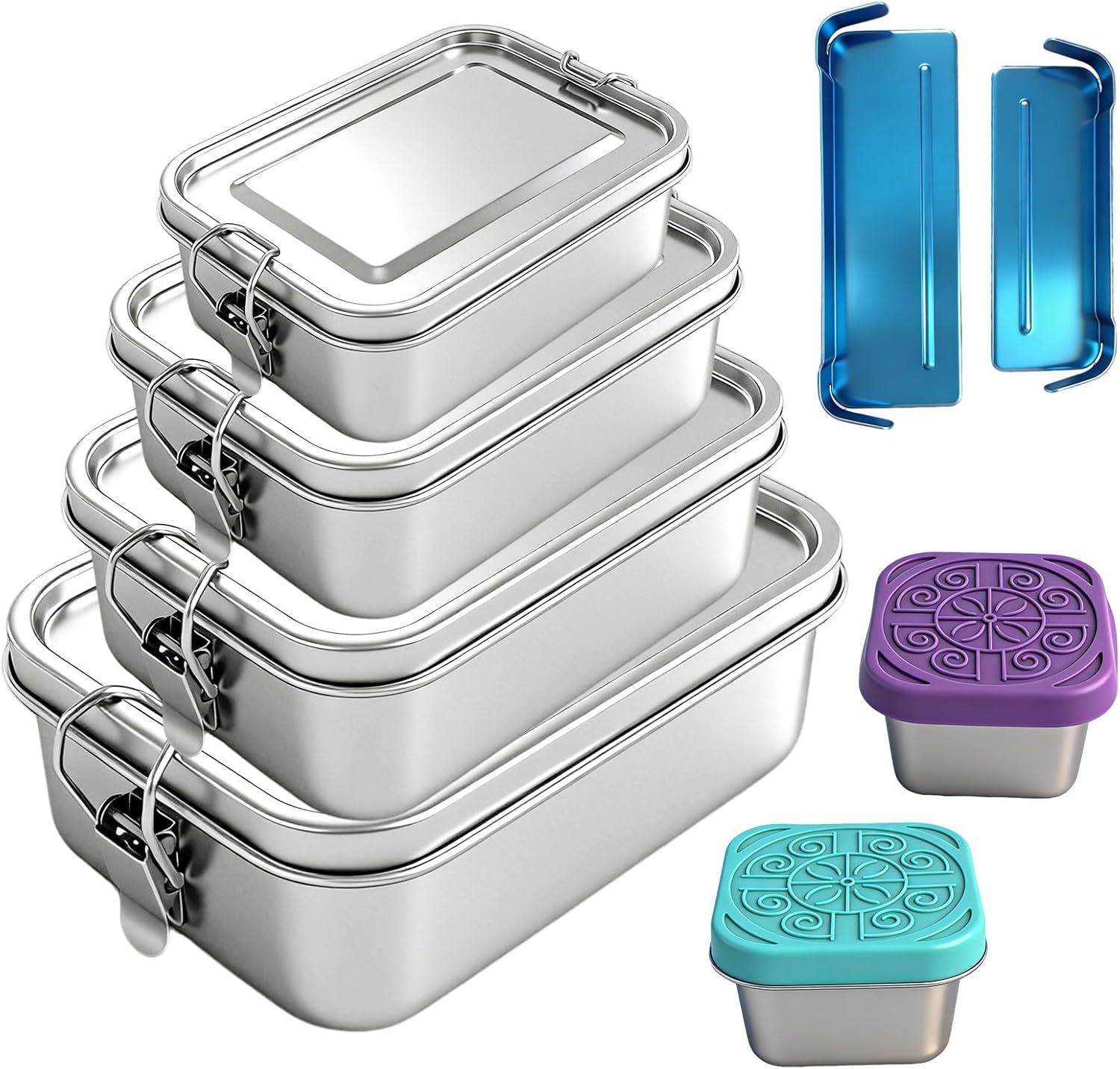 6 Pcs Stainless Steel Food Containers with Lockable Clips and Sauce Cups Leak Proof Metal Bento Lunch Box Reusable Snack Storage Boxes Dishwasher for Work Camping(550/850/1400/2400 ml)